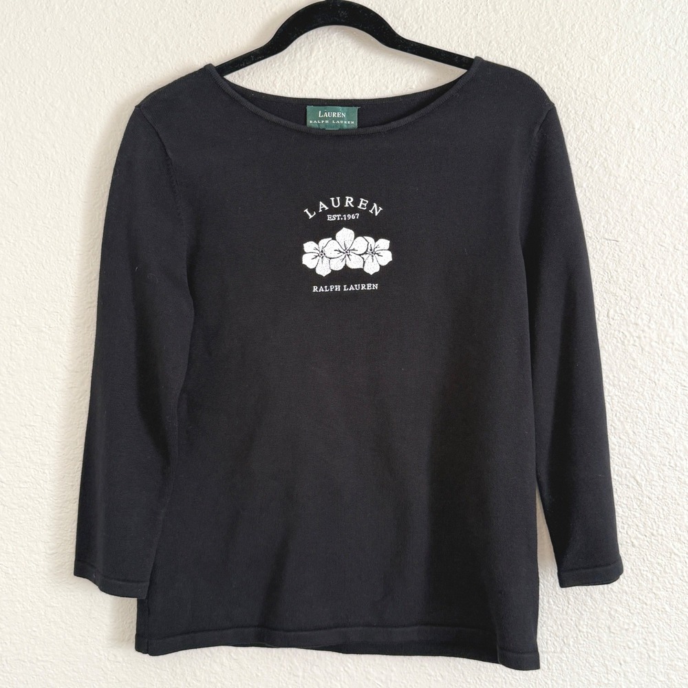 Lauren Ralph Lauren Womens Medium Black Floral Embroidered Top Preppy Old Money